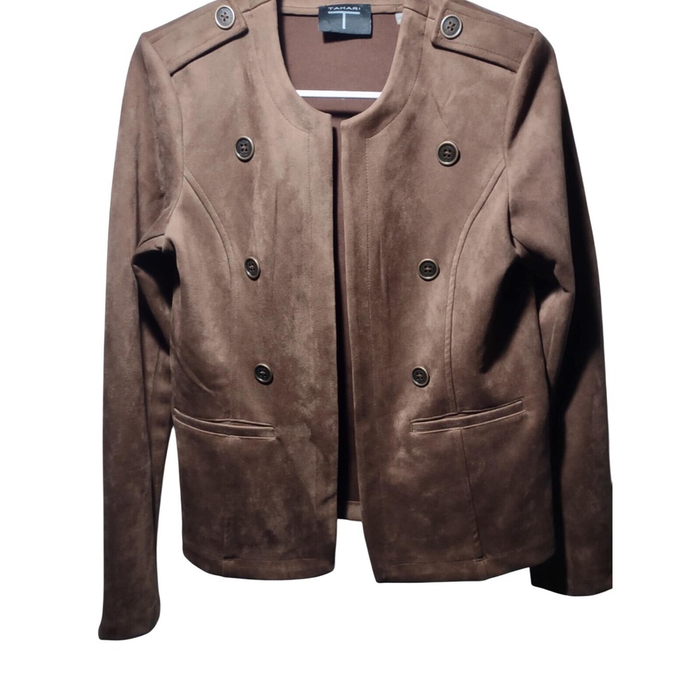 Tahari‎ Faux Suede Leather Blazer Womens 6 BROWN Jacket H30